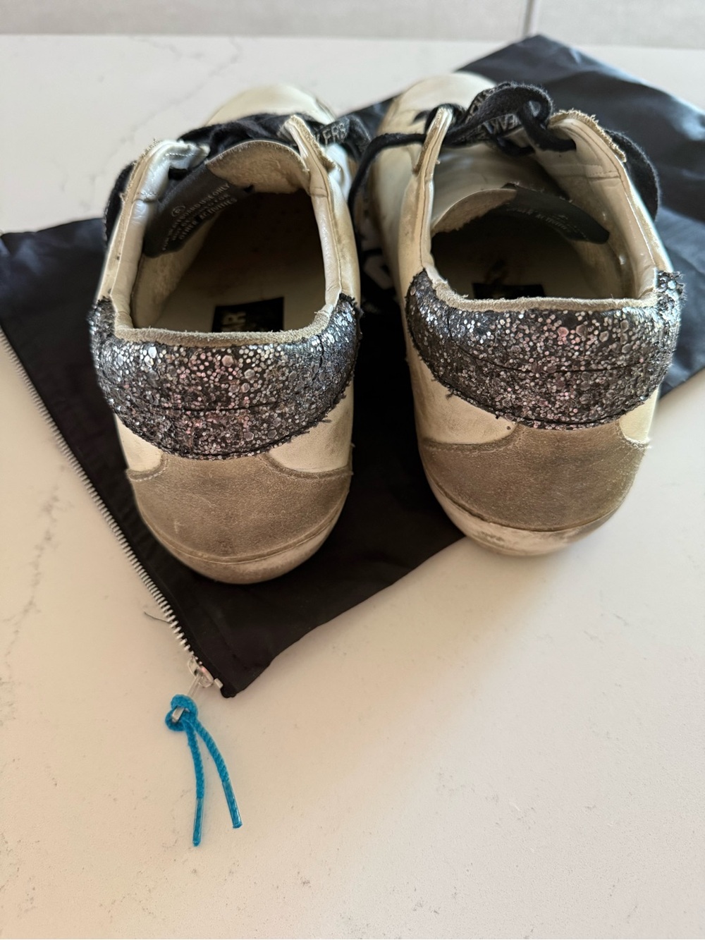 Golden Goose White Leather Sneakers with Black Glitter Heel Tab - Picture 4 of 7